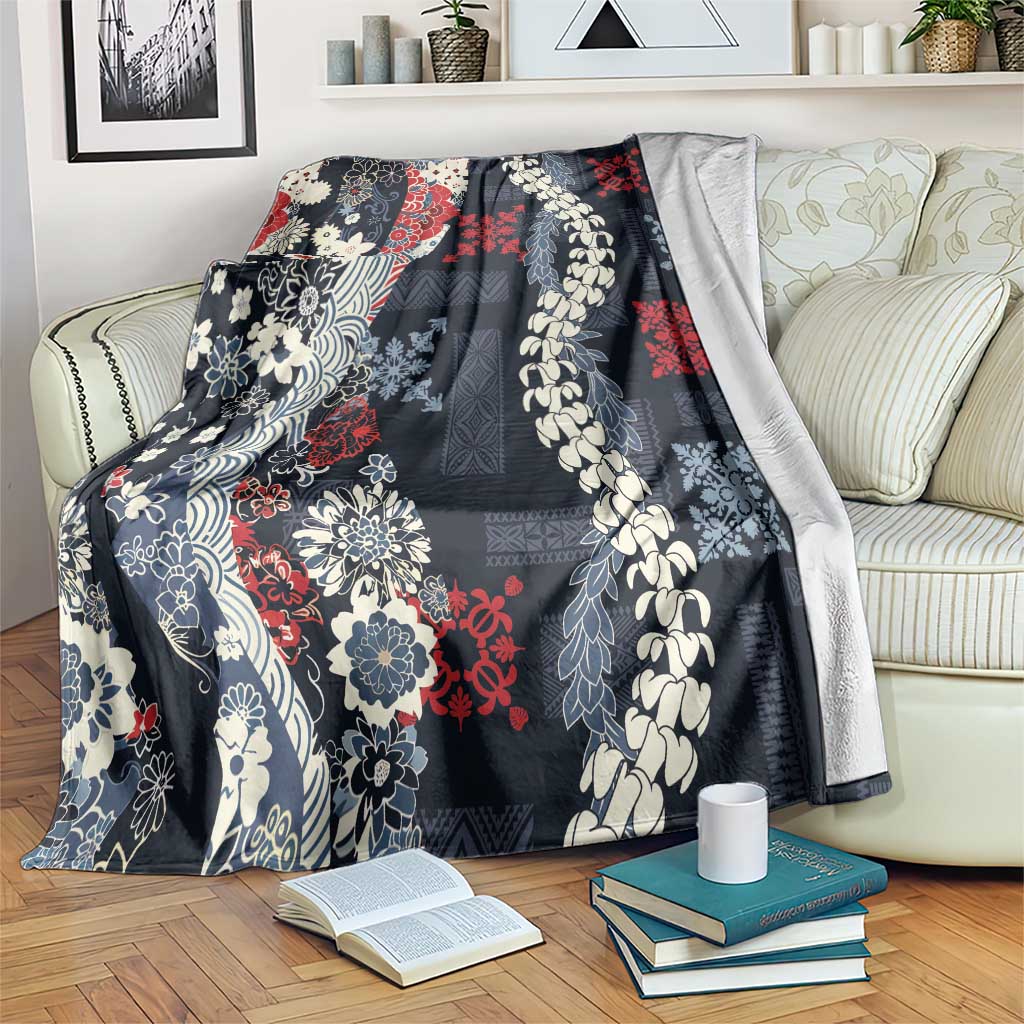 Hawaii Puakenikeni and Maile Lei Blanket Navy Blue Japanese Wave Style - Polynesian Pride