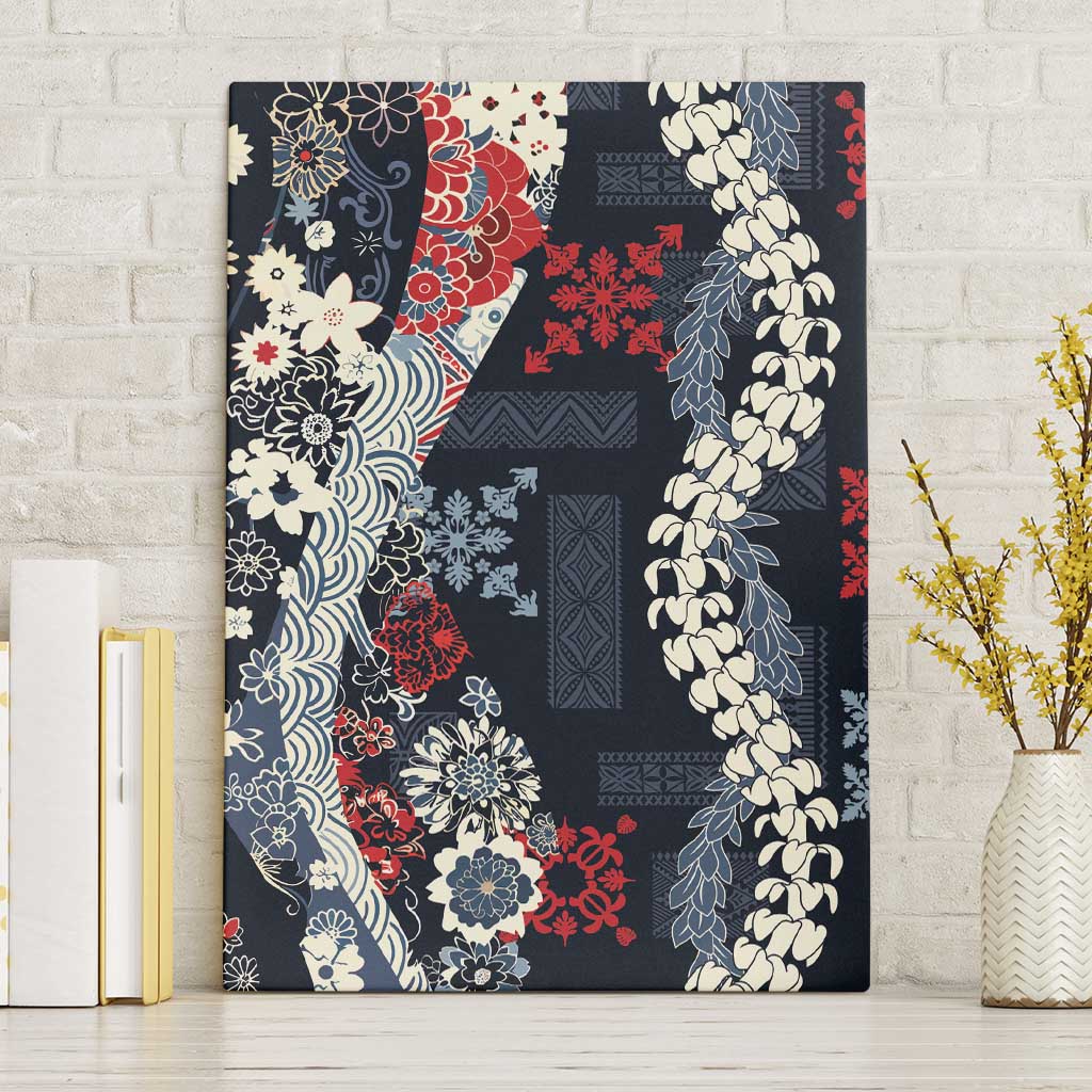 Hawaii Puakenikeni and Maile Lei Canvas Wall Art Navy Blue Japanese Wave Style - Polynesian Pride