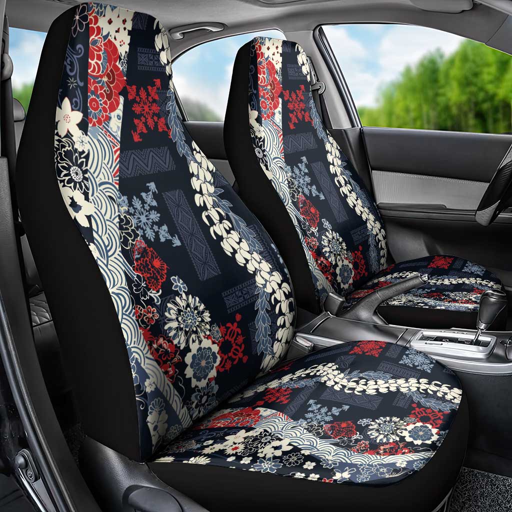 Hawaii Puakenikeni and Maile Lei Car Seat Cover Navy Blue Japanese Wave Style - Polynesian Pride