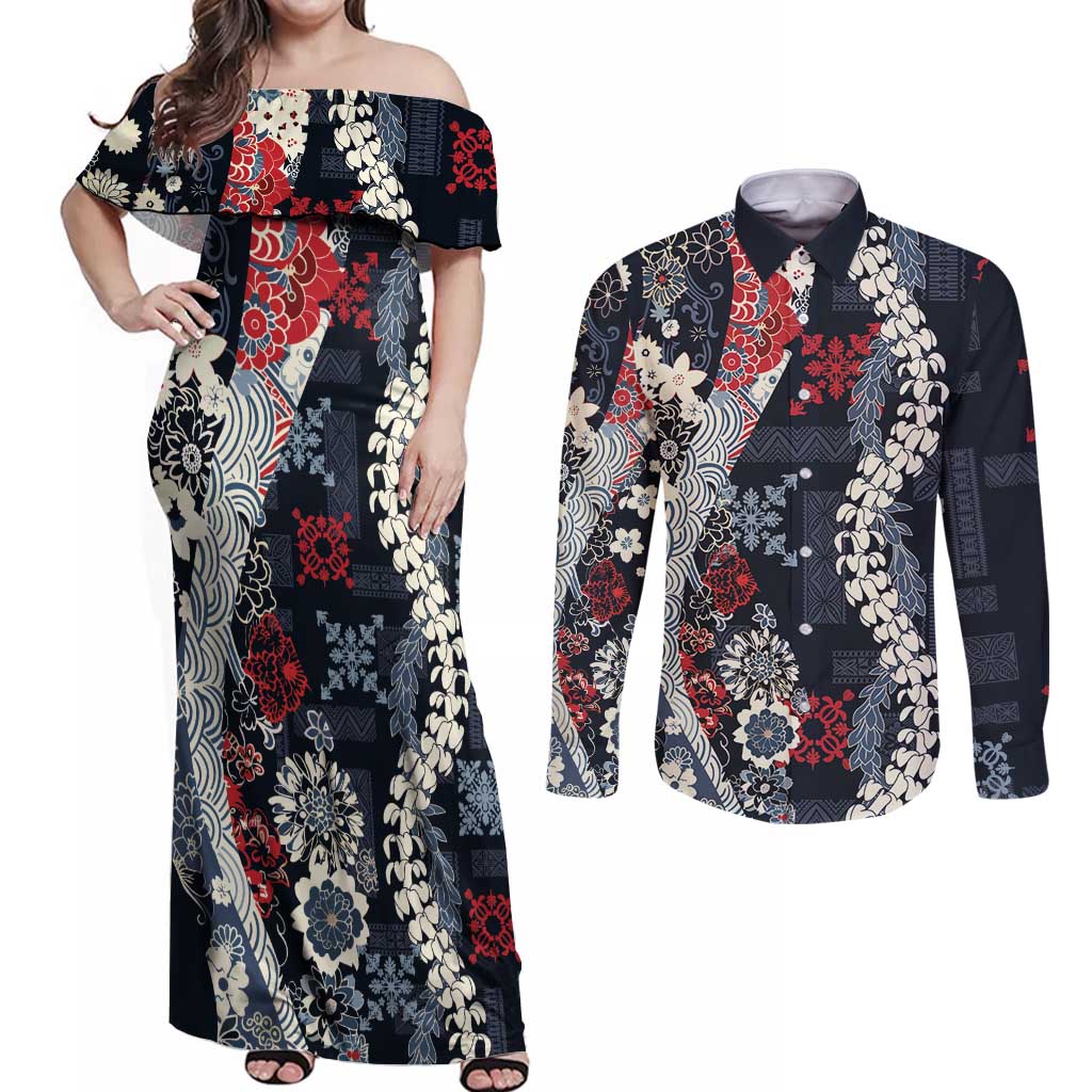 Hawaii Puakenikeni and Maile Lei Couples Matching Off Shoulder Maxi Dress and Long Sleeve Button Shirt Navy Blue Japanese Wave Style - Polynesian Pride
