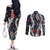 Hawaii Puakenikeni and Maile Lei Couples Matching Off The Shoulder Long Sleeve Dress and Long Sleeve Button Shirt Navy Blue Japanese Wave Style - Polynesian Pride