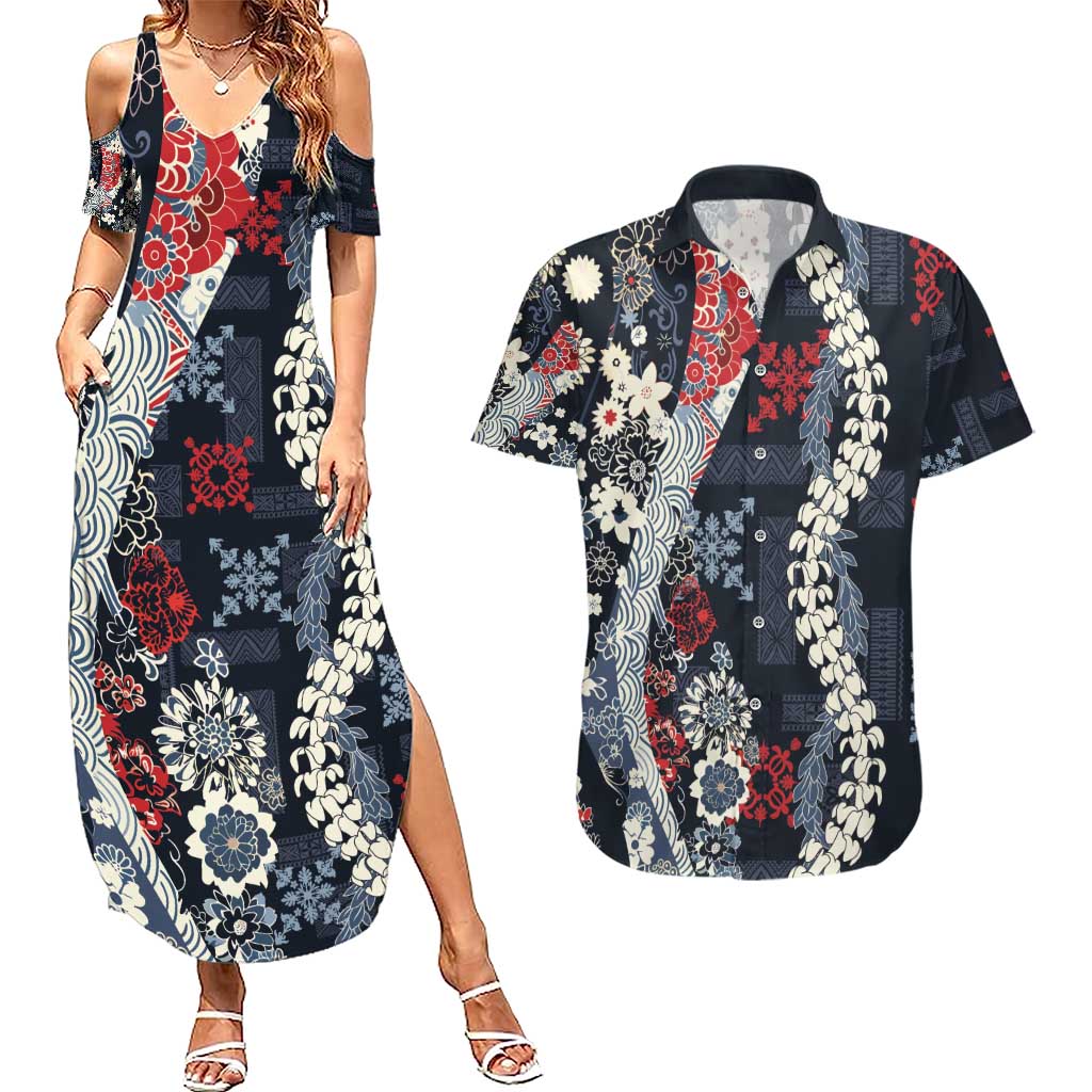 Hawaii Puakenikeni and Maile Lei Couples Matching Summer Maxi Dress and Hawaiian Shirt Navy Blue Japanese Wave Style - Polynesian Pride