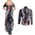 Hawaii Puakenikeni and Maile Lei Couples Matching Summer Maxi Dress and Long Sleeve Button Shirt Navy Blue Japanese Wave Style - Polynesian Pride