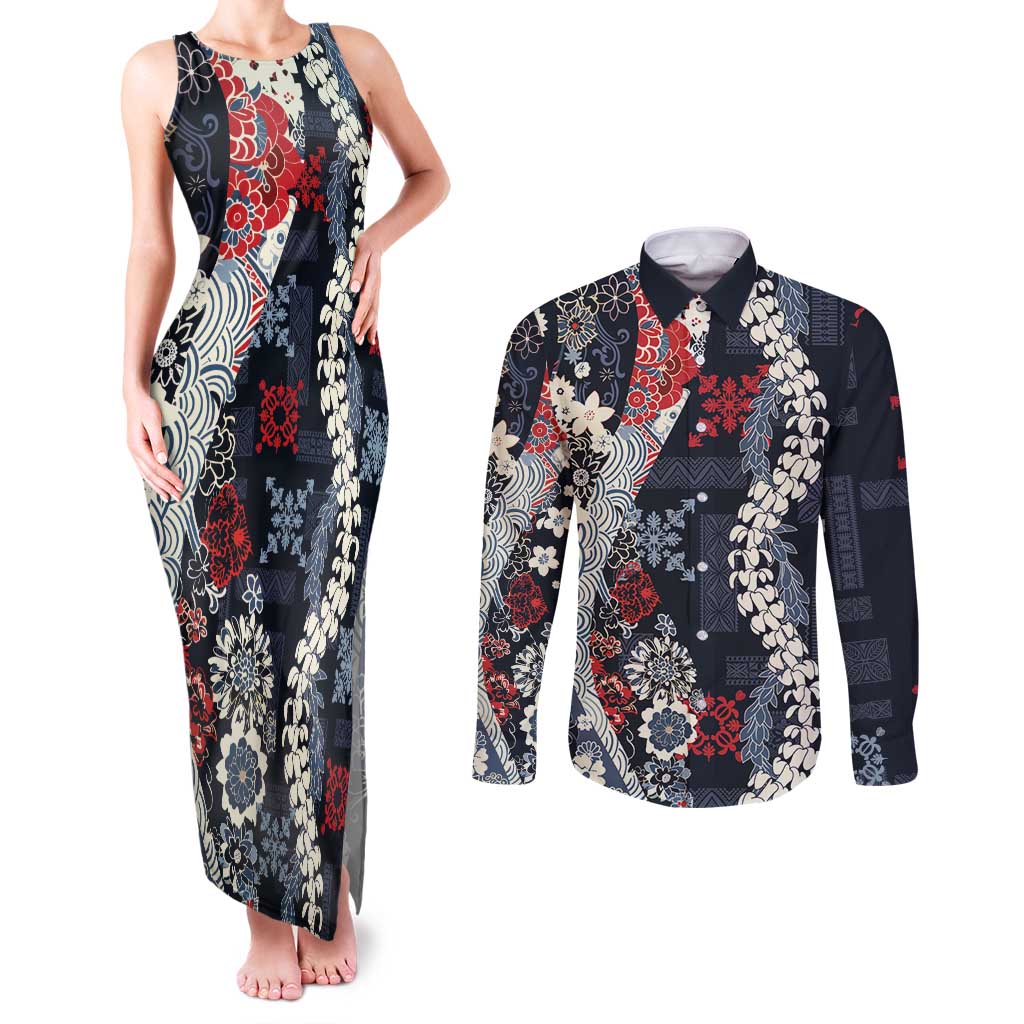 Hawaii Puakenikeni and Maile Lei Couples Matching Tank Maxi Dress and Long Sleeve Button Shirt Navy Blue Japanese Wave Style - Polynesian Pride