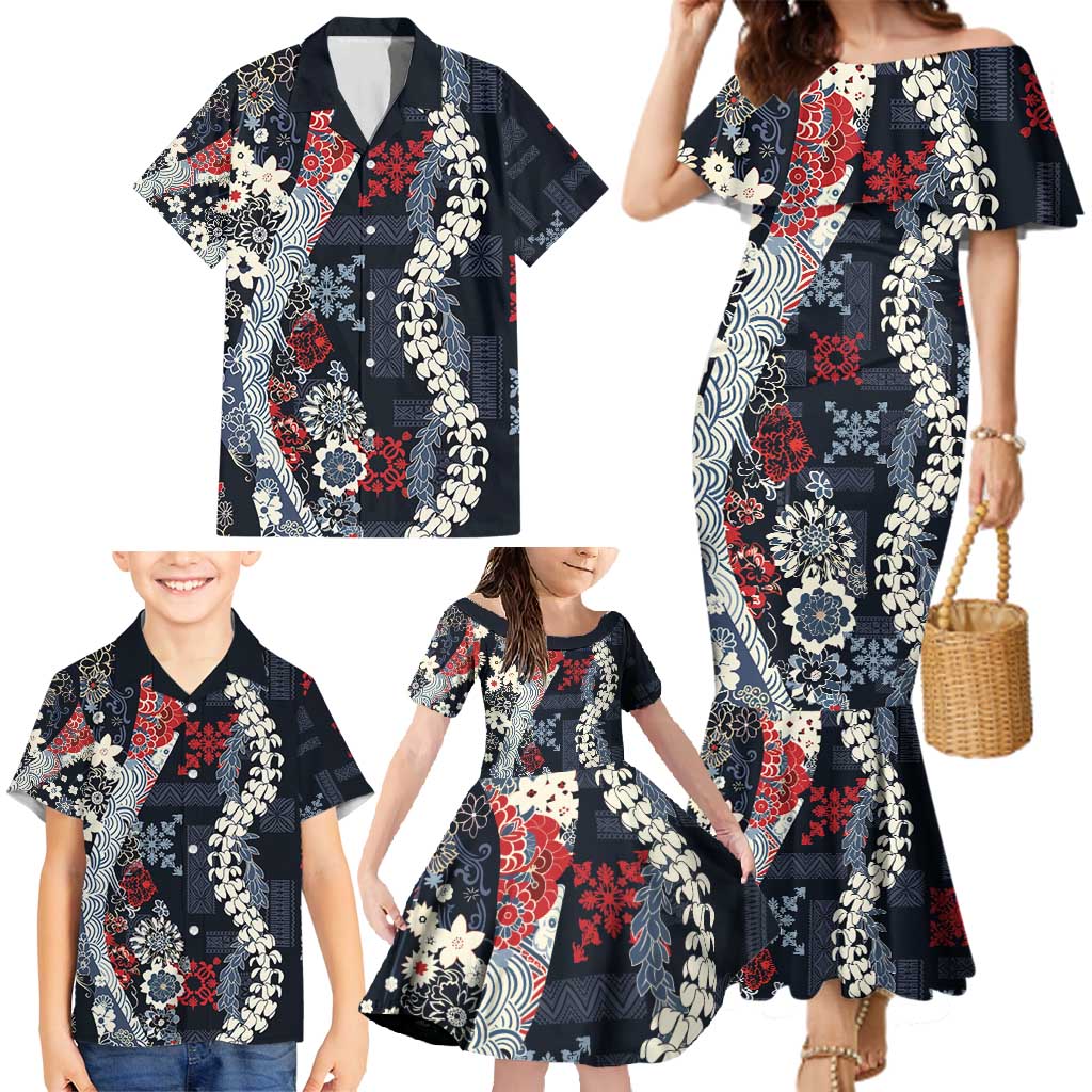 Hawaii Puakenikeni and Maile Lei Family Matching Mermaid Dress and Hawaiian Shirt Navy Blue Japanese Wave Style - Polynesian Pride