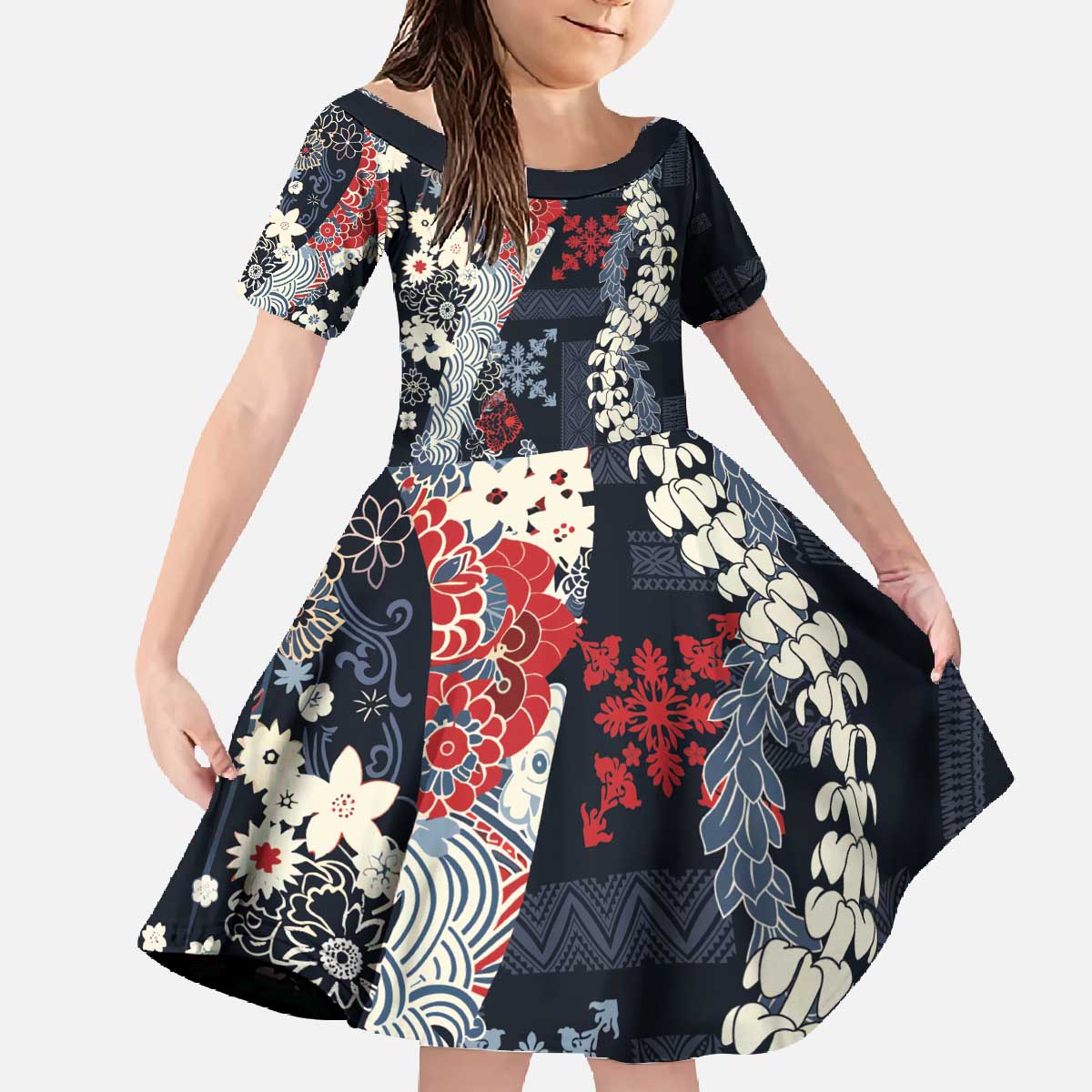 Hawaii Puakenikeni and Maile Lei Family Matching Off The Shoulder Long Sleeve Dress and Hawaiian Shirt Navy Blue Japanese Wave Style - Polynesian Pride