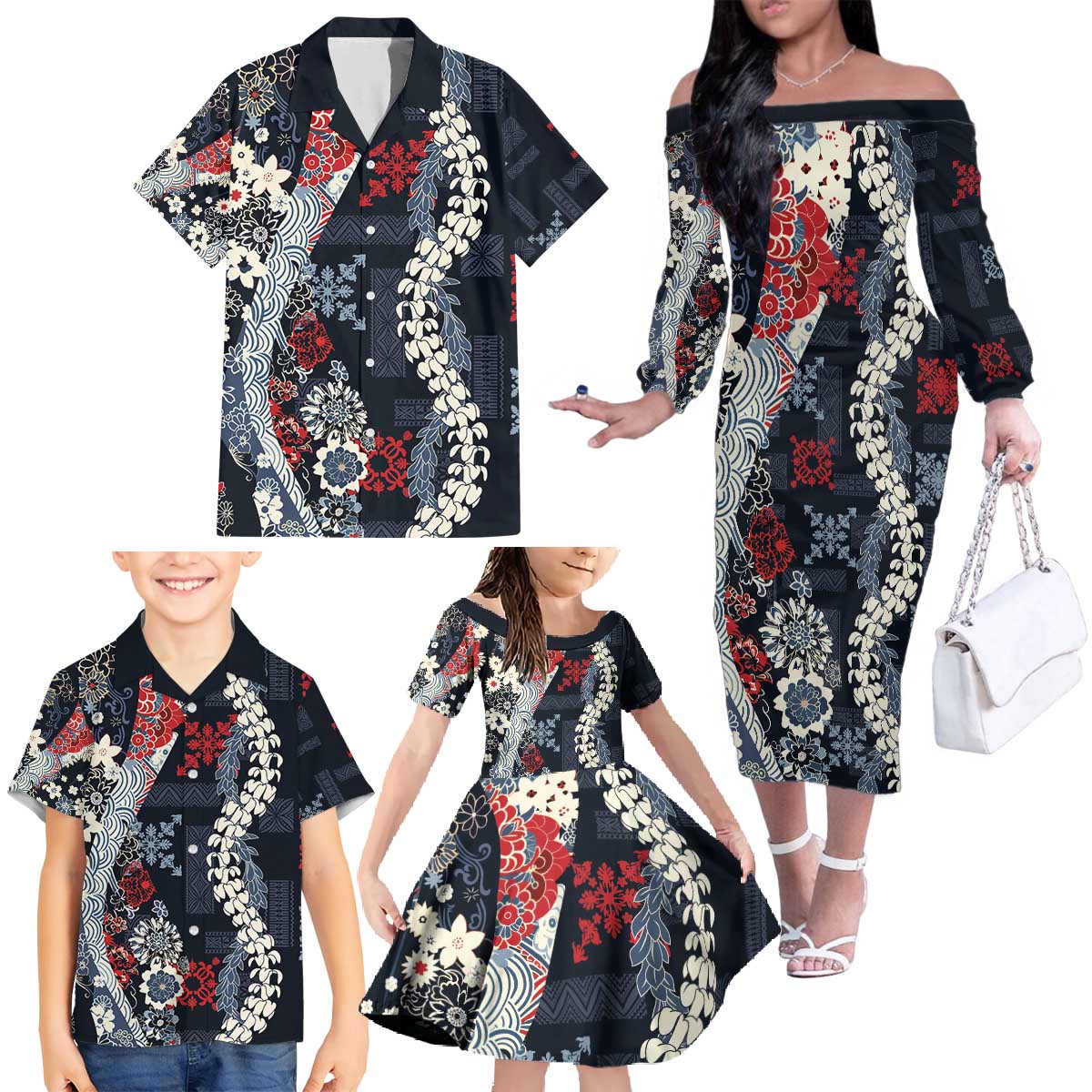 Hawaii Puakenikeni and Maile Lei Family Matching Off The Shoulder Long Sleeve Dress and Hawaiian Shirt Navy Blue Japanese Wave Style - Polynesian Pride