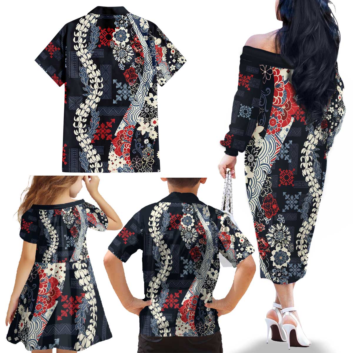 Hawaii Puakenikeni and Maile Lei Family Matching Off The Shoulder Long Sleeve Dress and Hawaiian Shirt Navy Blue Japanese Wave Style - Polynesian Pride