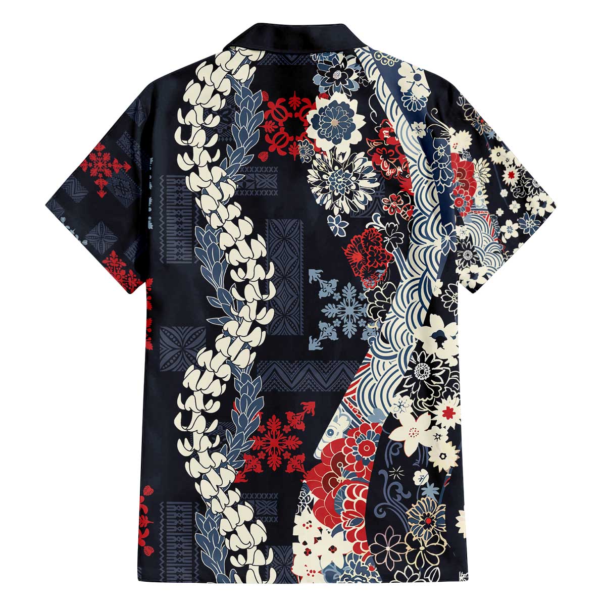 Hawaii Puakenikeni and Maile Lei Family Matching Off The Shoulder Long Sleeve Dress and Hawaiian Shirt Navy Blue Japanese Wave Style - Polynesian Pride