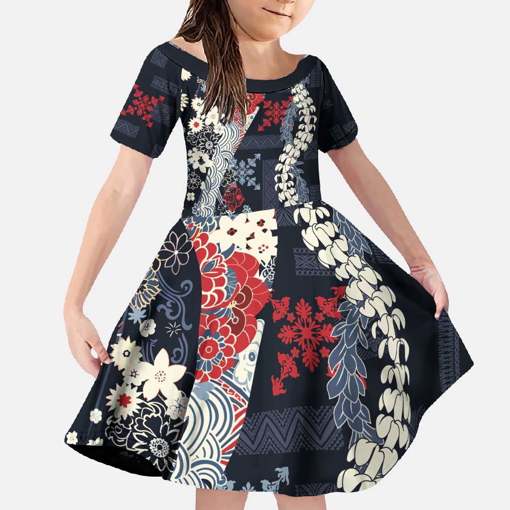 Hawaii Puakenikeni and Maile Lei Family Matching Off Shoulder Maxi Dress and Hawaiian Shirt Navy Blue Japanese Wave Style - Polynesian Pride