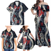 Hawaii Puakenikeni and Maile Lei Family Matching Off Shoulder Maxi Dress and Hawaiian Shirt Navy Blue Japanese Wave Style - Polynesian Pride