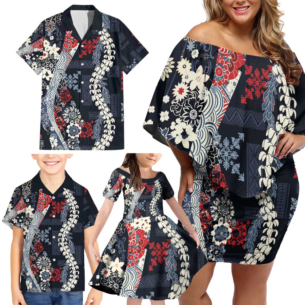 Hawaii Puakenikeni and Maile Lei Family Matching Off Shoulder Short Dress and Hawaiian Shirt Navy Blue Japanese Wave Style - Polynesian Pride