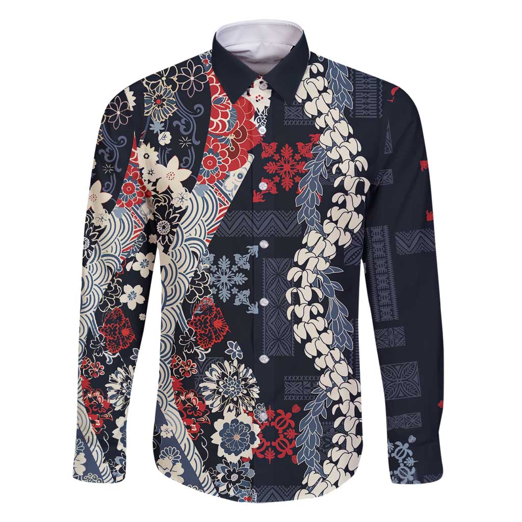 Hawaii Puakenikeni and Maile Lei Family Matching Off Shoulder Short Dress and Hawaiian Shirt Navy Blue Japanese Wave Style - Polynesian Pride