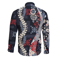 Hawaii Puakenikeni and Maile Lei Family Matching Puletasi and Hawaiian Shirt Navy Blue Japanese Wave Style LT9 - Polynesian Pride