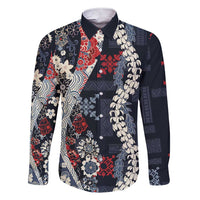 Hawaii Puakenikeni and Maile Lei Family Matching Short Sleeve Bodycon Dress and Hawaiian Shirt Navy Blue Japanese Wave Style - Polynesian Pride