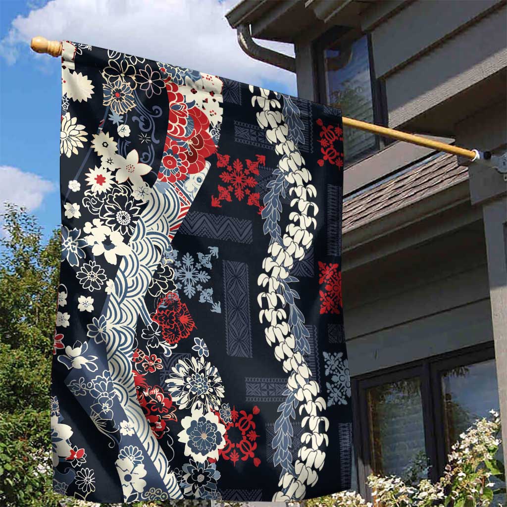 Hawaii Puakenikeni and Maile Lei Garden Flag Navy Blue Japanese Wave Style - Polynesian Pride