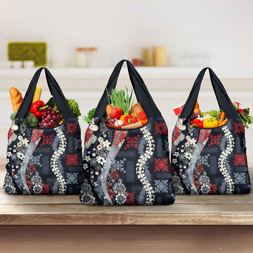 Hawaii Puakenikeni and Maile Lei Grocery Bag Navy Blue Japanese Wave Style - Polynesian Pride