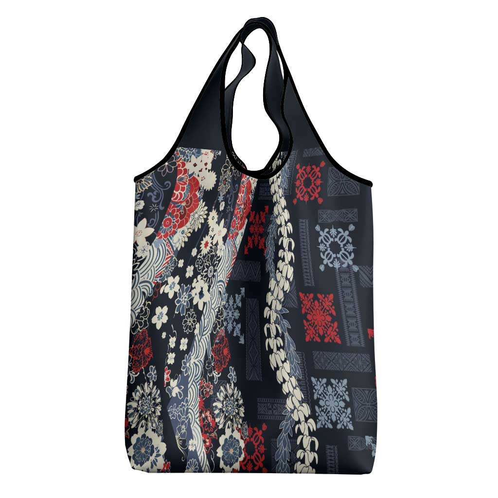 Hawaii Puakenikeni and Maile Lei Grocery Bag Navy Blue Japanese Wave Style - Polynesian Pride