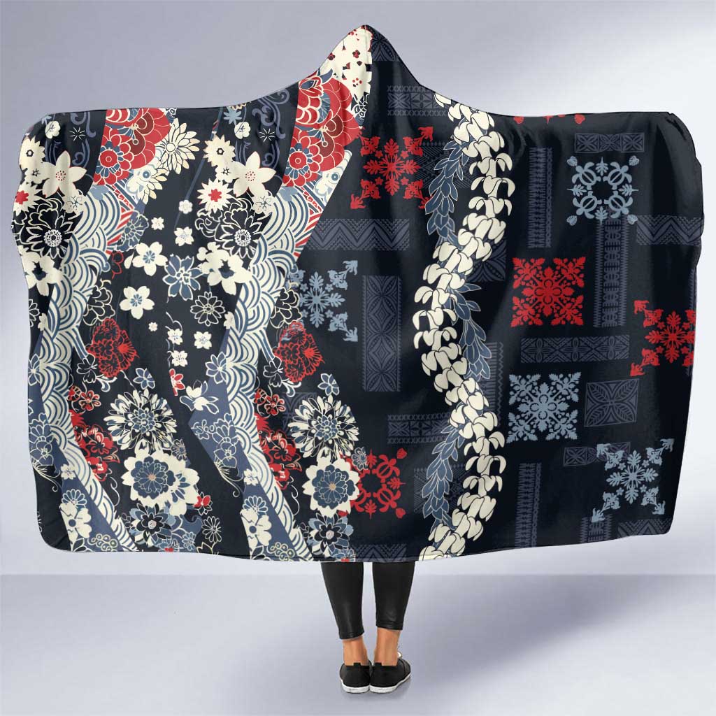Hawaii Puakenikeni and Maile Lei Hooded Blanket Navy Blue Japanese Wave Style LT9 One Size Navy Blue - Polynesian Pride
