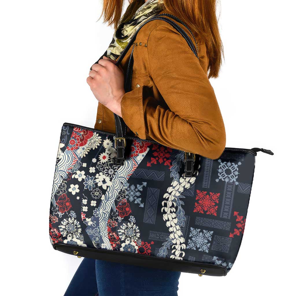 Hawaii Puakenikeni and Maile Lei Leather Tote Bag Navy Blue Japanese Wave Style LT9 Navy Blue - Polynesian Pride