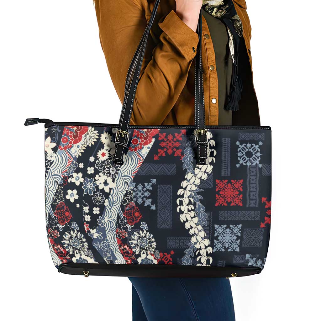 Hawaii Puakenikeni and Maile Lei Leather Tote Bag Navy Blue Japanese Wave Style LT9 - Polynesian Pride