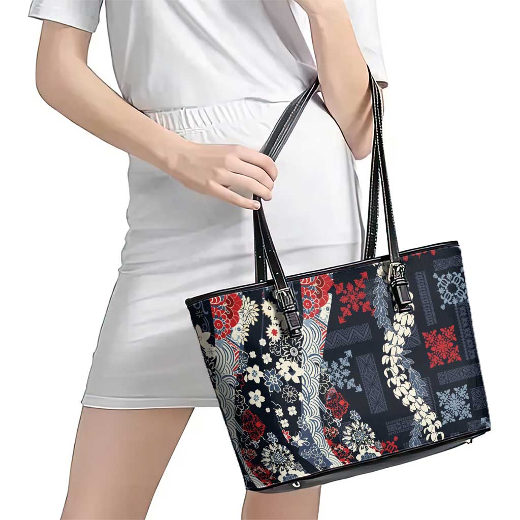 Hawaii Puakenikeni and Maile Lei Leather Tote Bag Navy Blue Japanese Wave Style LT9 - Polynesian Pride