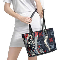 Hawaii Puakenikeni and Maile Lei Leather Tote Bag Navy Blue Japanese Wave Style LT9 - Polynesian Pride