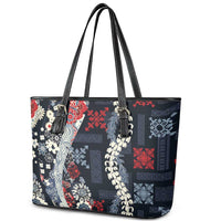 Hawaii Puakenikeni and Maile Lei Leather Tote Bag Navy Blue Japanese Wave Style LT9 - Polynesian Pride