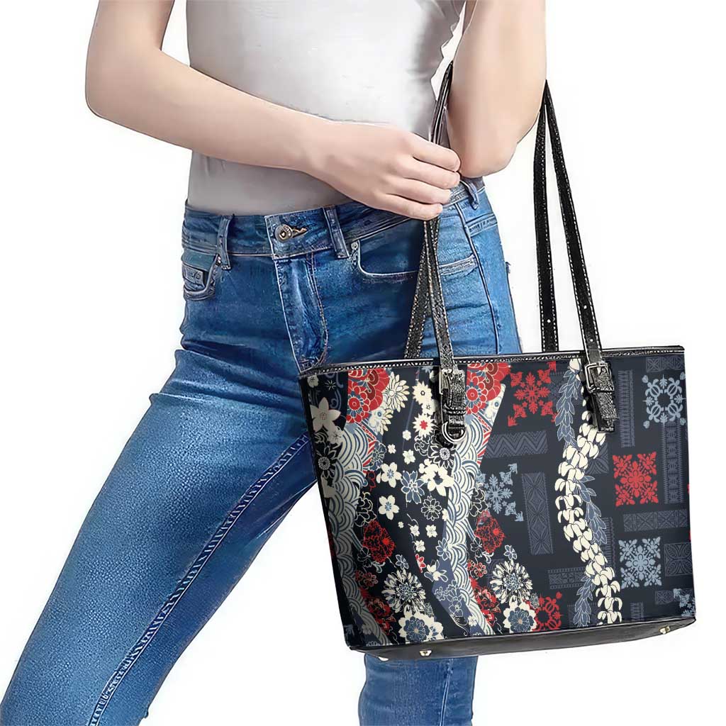 Hawaii Puakenikeni and Maile Lei Leather Tote Bag Navy Blue Japanese Wave Style LT9 - Polynesian Pride
