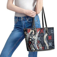 Hawaii Puakenikeni and Maile Lei Leather Tote Bag Navy Blue Japanese Wave Style LT9 - Polynesian Pride