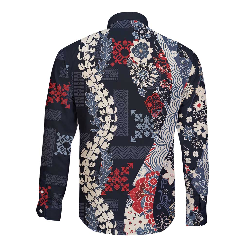 Hawaii Puakenikeni and Maile Lei Long Sleeve Button Shirt Navy Blue Japanese Wave Style - Polynesian Pride