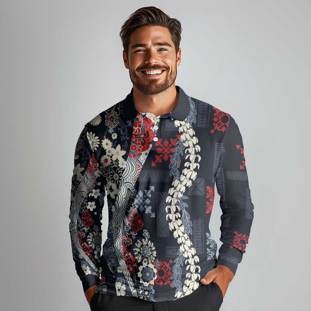 Hawaii Puakenikeni and Maile Lei Long Sleeve Polo Shirt Navy Blue Japanese Wave Style - Polynesian Pride