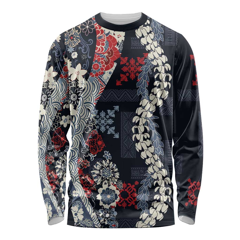 Hawaii Puakenikeni and Maile Lei Long Sleeve Shirt Navy Blue Japanese Wave Style - Polynesian Pride