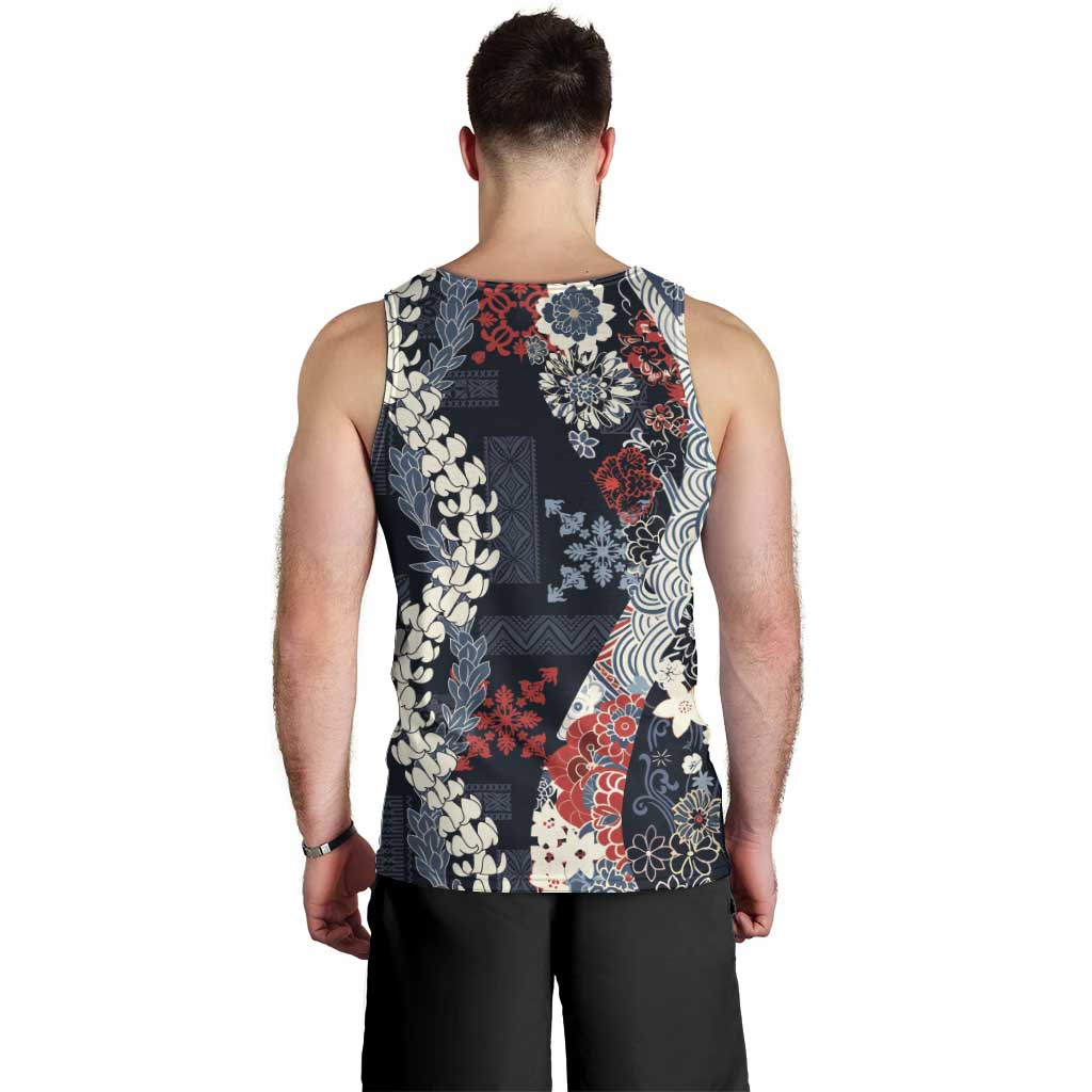 Hawaii Puakenikeni and Maile Lei Men Tank Top Navy Blue Japanese Wave Style - Polynesian Pride