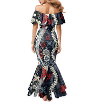Hawaii Puakenikeni and Maile Lei Mermaid Dress Navy Blue Japanese Wave Style - Polynesian Pride
