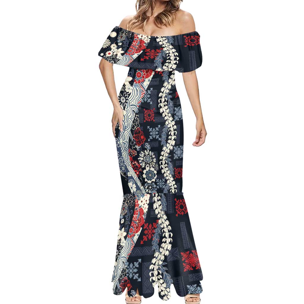 Hawaii Puakenikeni and Maile Lei Mermaid Dress Navy Blue Japanese Wave Style - Polynesian Pride