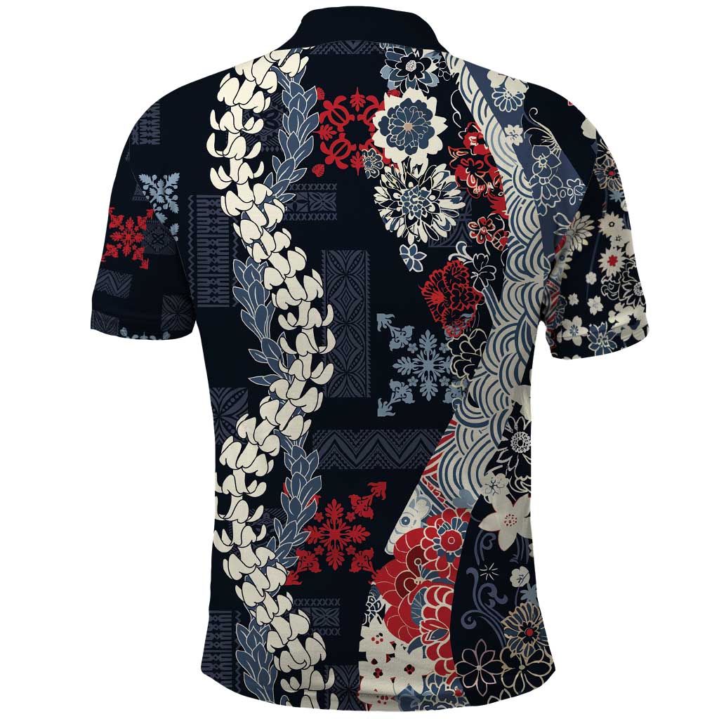 Hawaii Puakenikeni and Maile Lei Polo Shirt Navy Blue Japanese Wave Style - Polynesian Pride