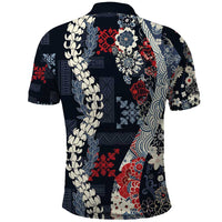 Hawaii Puakenikeni and Maile Lei Polo Shirt Navy Blue Japanese Wave Style - Polynesian Pride