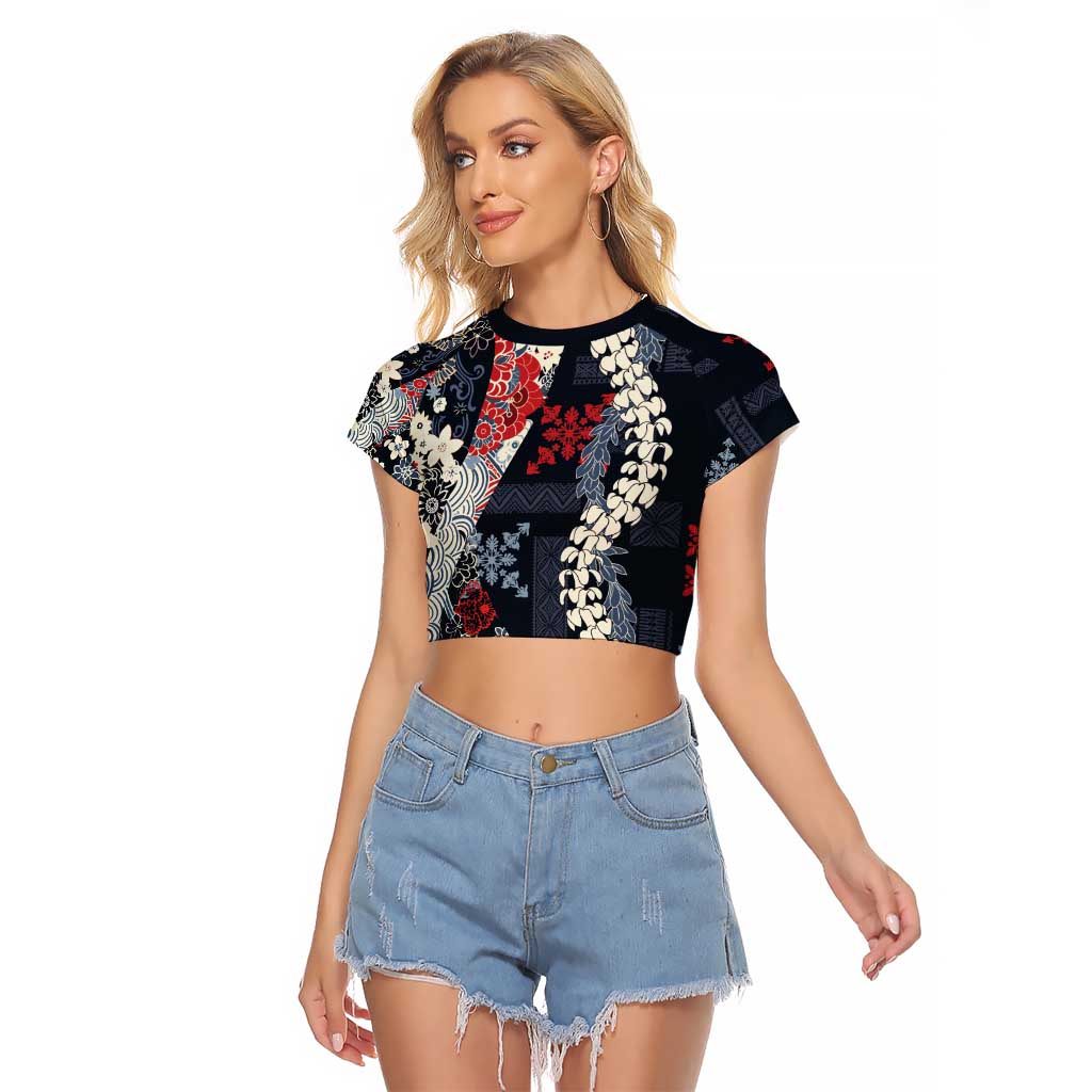 Hawaii Puakenikeni and Maile Lei Raglan Cropped T Shirt Navy Blue Japanese Wave Style LT9 Female Navy Blue - Polynesian Pride