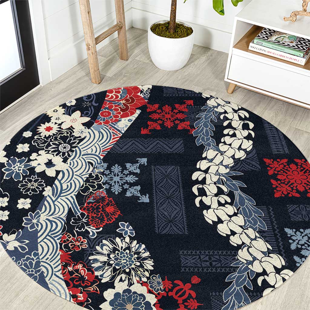 Hawaii Puakenikeni and Maile Lei Round Carpet Navy Blue Japanese Wave Style LT9 Navy Blue - Polynesian Pride