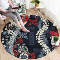 Hawaii Puakenikeni and Maile Lei Round Carpet Navy Blue Japanese Wave Style - Polynesian Pride