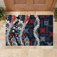 Hawaii Puakenikeni and Maile Lei Rubber Doormat Navy Blue Japanese Wave Style - Polynesian Pride