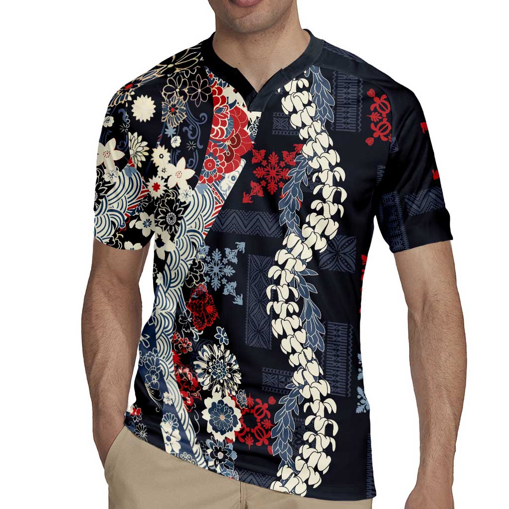 Hawaii Puakenikeni and Maile Lei Rugby Jersey Navy Blue Japanese Wave Style - Polynesian Pride