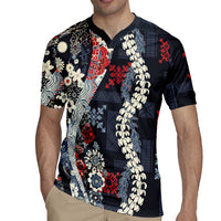 Hawaii Puakenikeni and Maile Lei Rugby Jersey Navy Blue Japanese Wave Style - Polynesian Pride