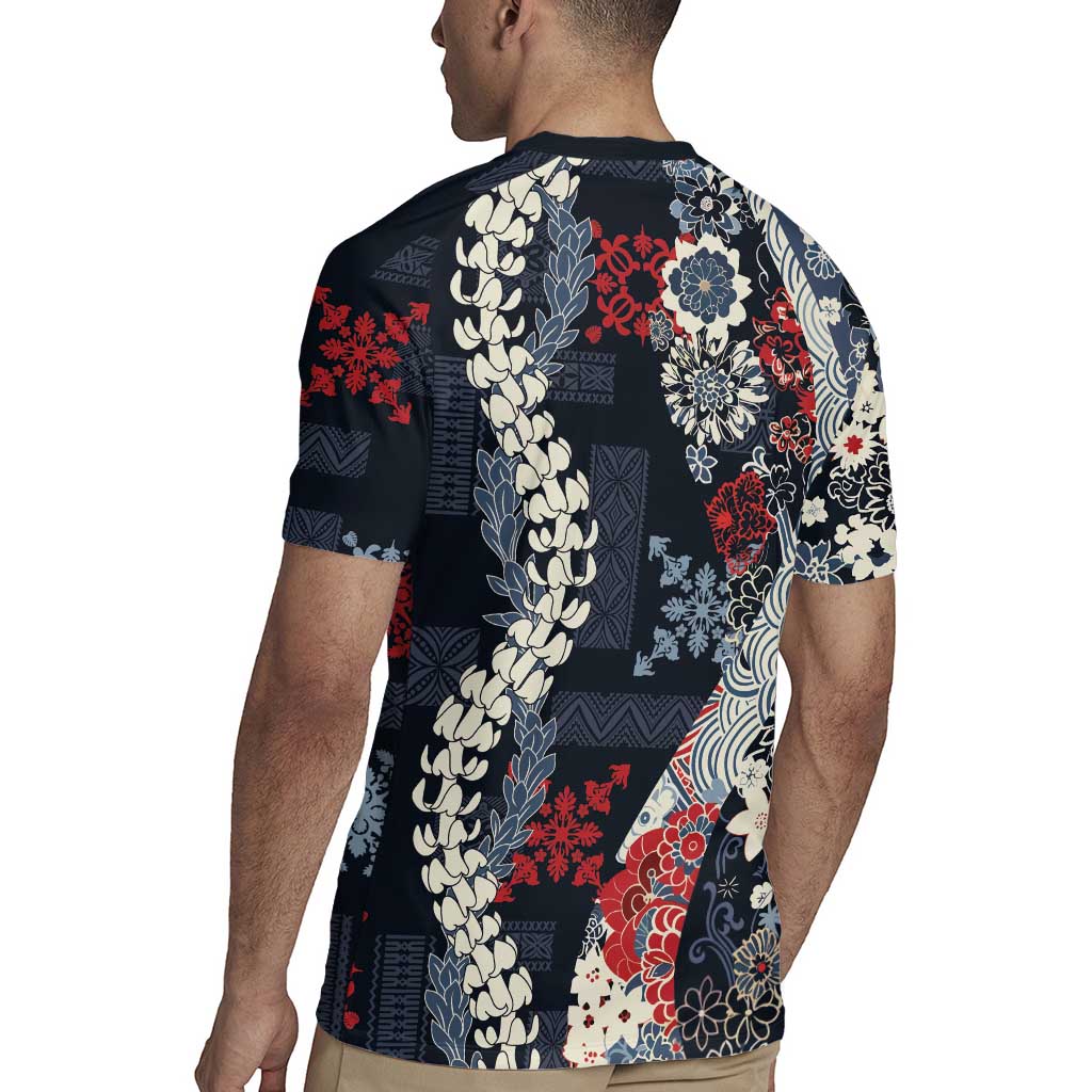 Hawaii Puakenikeni and Maile Lei Rugby Jersey Navy Blue Japanese Wave Style - Polynesian Pride