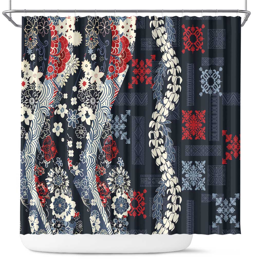 Hawaii Puakenikeni and Maile Lei Shower Curtain Navy Blue Japanese Wave Style LT9 Navy Blue - Polynesian Pride
