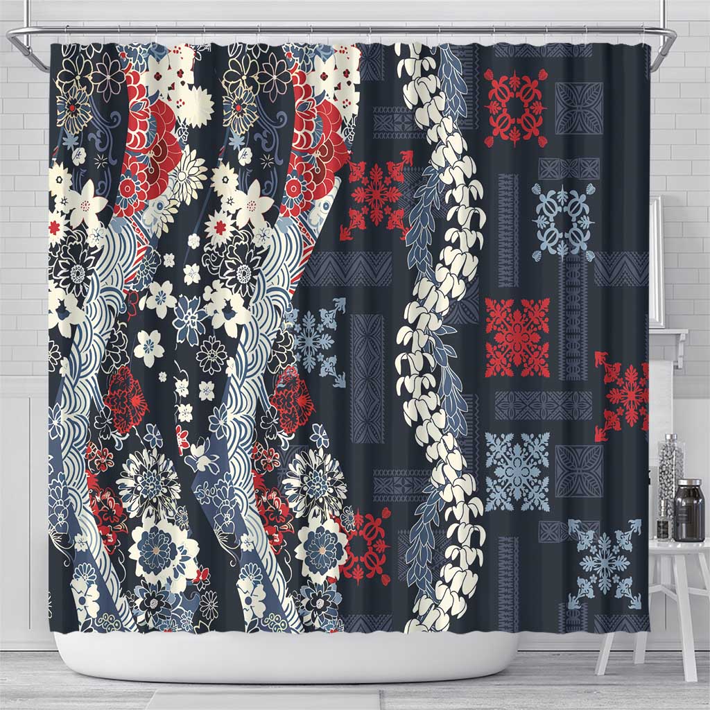 Hawaii Puakenikeni and Maile Lei Shower Curtain Navy Blue Japanese Wave Style - Polynesian Pride