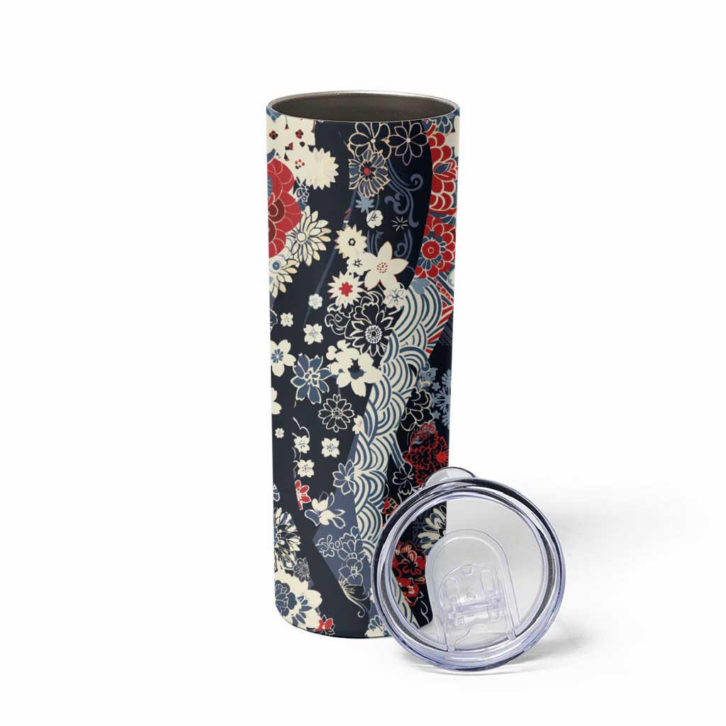 Hawaii Puakenikeni and Maile Lei Skinny Tumbler Navy Blue Japanese Wave Style - Polynesian Pride