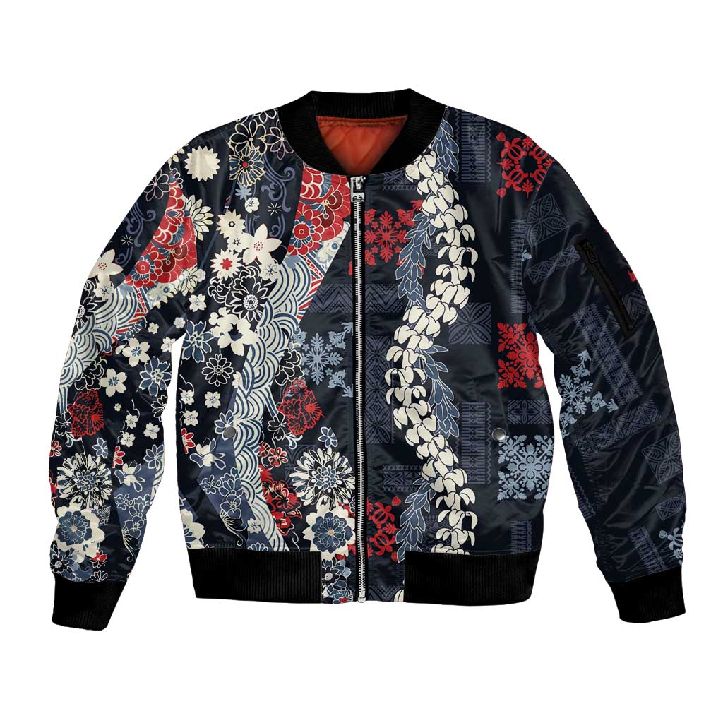 Hawaii Puakenikeni and Maile Lei Sleeve Zip Bomber Jacket Navy Blue Japanese Wave Style LT9 Unisex Navy Blue - Polynesian Pride