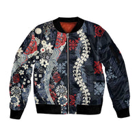 Hawaii Puakenikeni and Maile Lei Sleeve Zip Bomber Jacket Navy Blue Japanese Wave Style - Polynesian Pride